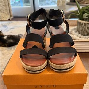 Unisa Black Espadrille Platform Sandals with Ankle Straps